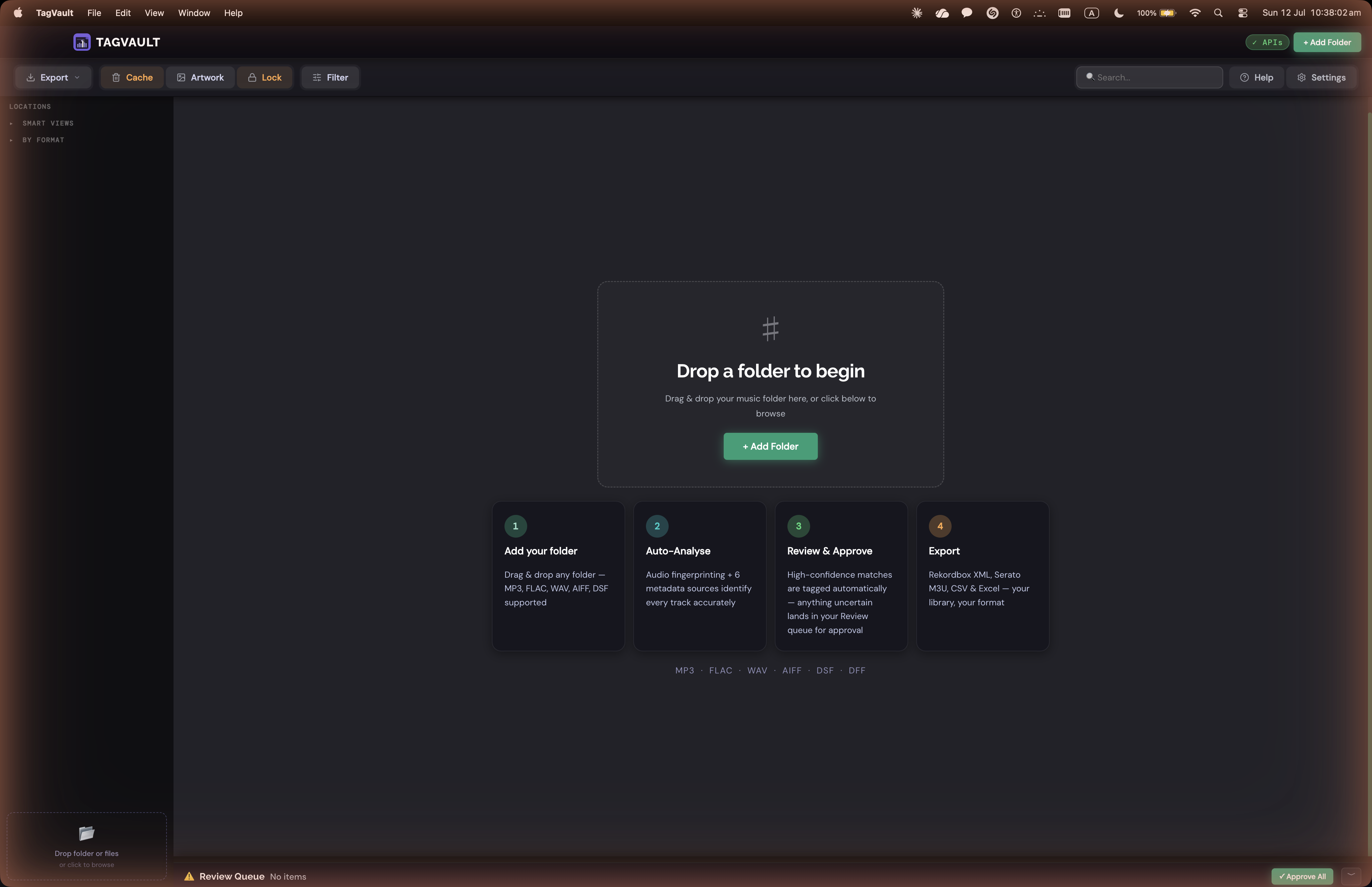 TagVault on first launch, showing the empty Drop a folder to begin screen and 4-step workflow overview