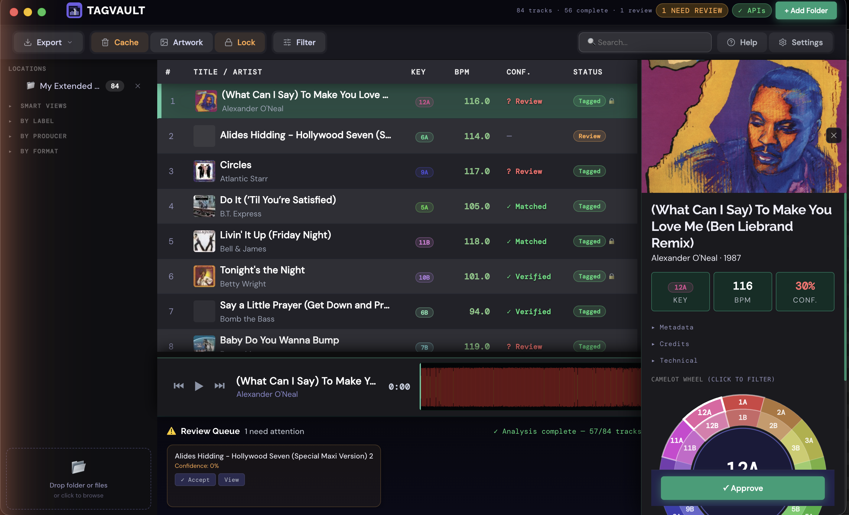 Track detail panel showing artwork, BPM, key, confidence, and the Camelot wheel