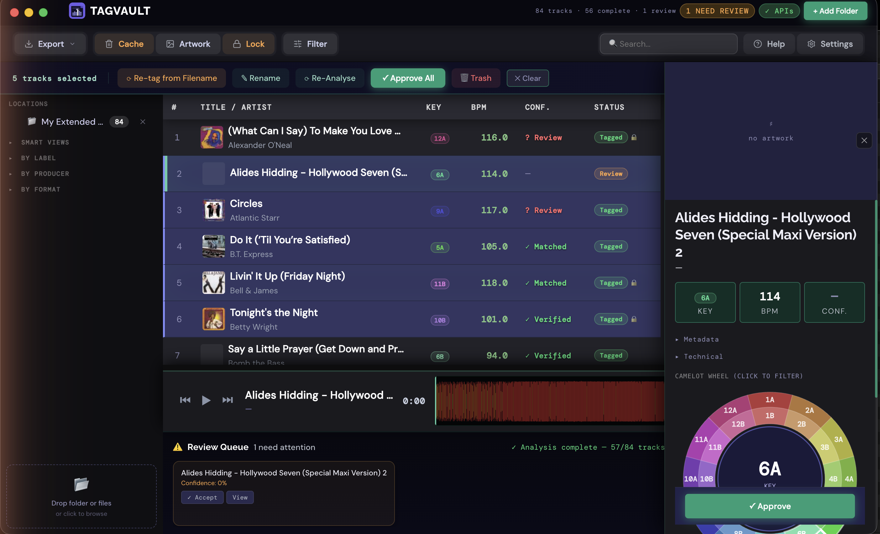 Five tracks selected with a batch action bar showing Approve All