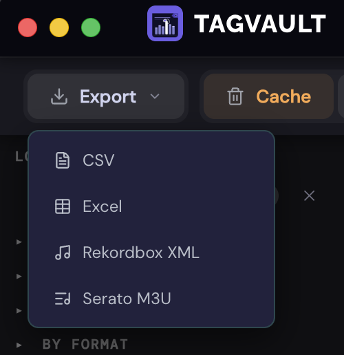 Export dropdown showing CSV, Excel, Rekordbox XML, and Serato M3U options